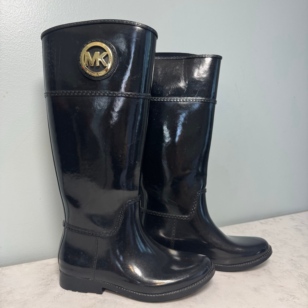 Michael Kors Stockard Gloss Logo Tall Rain Boots Size 7 Black Gold